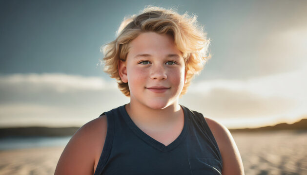 Close-up portrait of a blond-haired, full-bodied boy on the beach.