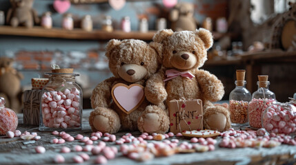 Valentine's Day Delight: Customizable Teddy Bears with Heart Signs, Elegant Candy Assortment in Romantic Setting - Perfect for Personalized Sweetheart Surprises - Ai Generated