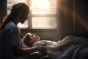 A nurse comforting a patient in a hospital room filled with natural light.