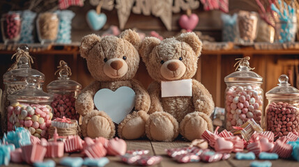 Valentine's Day Delight: Customizable Teddy Bears with Heart Signs, Elegant Candy Assortment in Romantic Setting - Perfect for Personalized Sweetheart Surprises - Ai Generated - obrazy, fototapety, plakaty