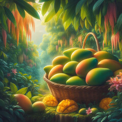A basket of mangoes in the jungle
