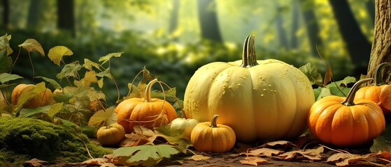 Several pumpkins of various sizes in the photo with a forest background. generative AI