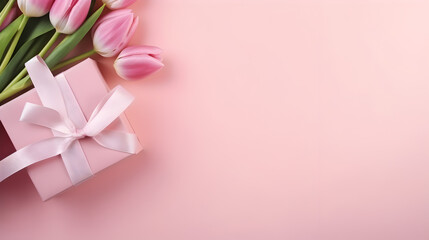 Bouquet of tulips and gift box on pink background, space for text,,
Pink box, red bow, hearts on pink. Top view holiday web banner perfection. Vertical Mobile Wallpaper 