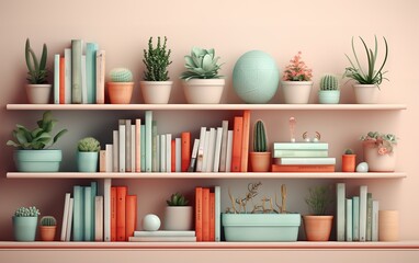 A bookshelf decorated with cactus plants beside it. generative AI