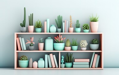 A bookshelf decorated with cactus plants beside it. generative AI