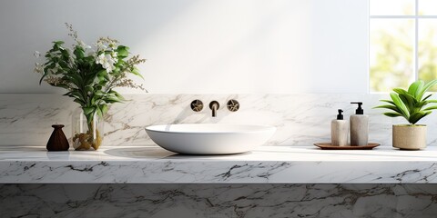 Marble bathroom countertop used for product display or design.