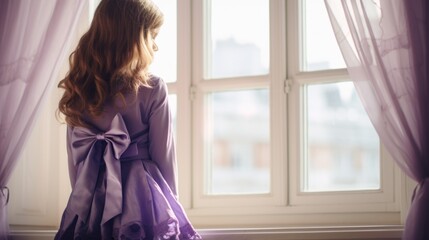 A girl in a violet festive dress with a large bow on the back stands next to a panoramic window....