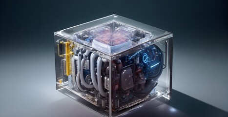 brain encased within a transparent cube on microchip circuitry. ai artificial intelligence concept Ai generated