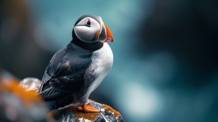 Black and white atlantic puffin birds sit on green rocky shore against  of the sea in Iceland,...