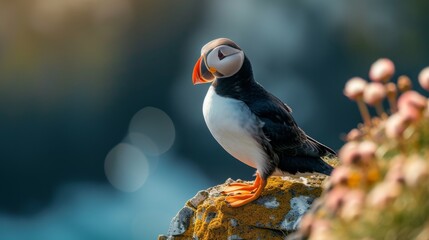 Black and white atlantic puffin birds sit on green rocky shore against  of the sea in Iceland, north, ocean, island, landscape, fauna, flowers, red beaks and paws, grass, sky, mountains, and coastline - obrazy, fototapety, plakaty