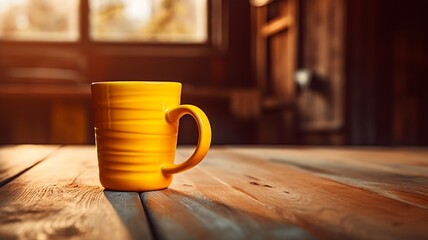 Yellow coffee mug on wooden table - Powered by Adobe