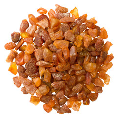 Crushed amber isolated on white background, top view.
