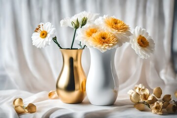 white and golden vase with daises on white background