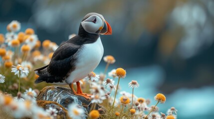 Fototapeta premium Black and white atlantic puffin birds sit on green rocky shore against of the sea in Iceland, north, ocean, island, landscape, fauna, flowers, red beaks and paws, grass, sky, mountains, and coastline