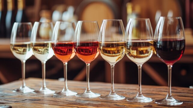 A row of wine glasses filled with different types of wine on a wooden table in a restaurant, Ai Generated
