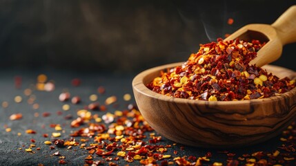 Experience rustic warmth and spice with chili flakes in a wooden dish, Ai Generated. - obrazy, fototapety, plakaty