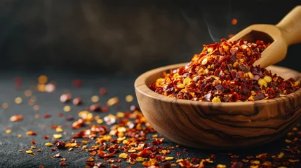 Stickers pour porte Piments forts Experience rustic warmth and spice with chili flakes in a wooden dish, Ai Generated.