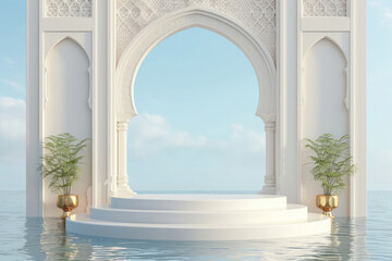 Obraz na płótnie Canvas 3D rendering of white marble podium with arch, palm tree and vase in water