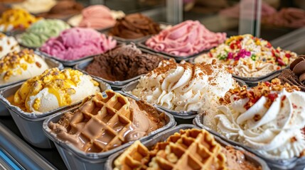 Step into the world of sweet indulgence at the ice-cream shop, where waffle cones await to be filled with delightful flavors, Ai Generated