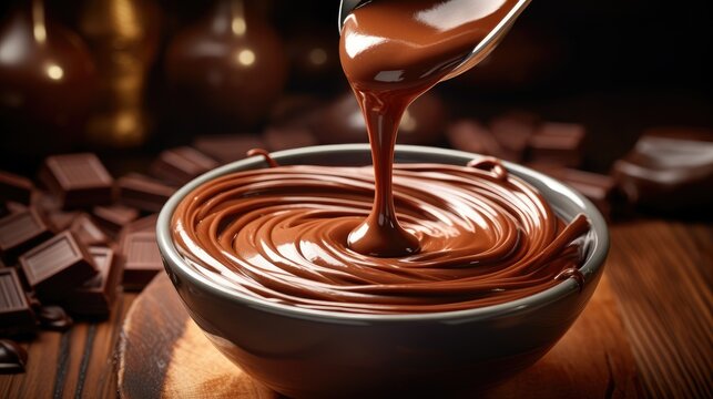 Velvety chocolate cream flows from a whisk, enriching a table-bound bowl, Ai Generated.