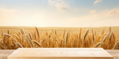 Mock up for design and display: Empty podium on table, wheat field background, Shavuot theme.