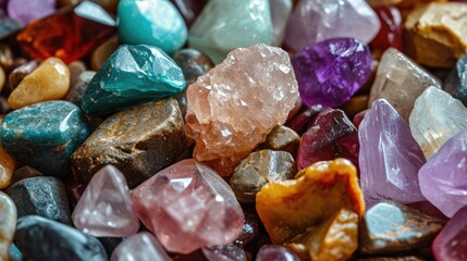 Captivating beach treasure with a pile of semi-precious and precious gemstones, glistening in the sunlight, Ai Generated.