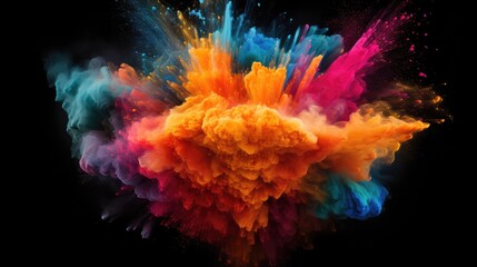 Explosive colored powder captured in a closeup, creating an abstract dust splash on a black backdrop, Ai Generated