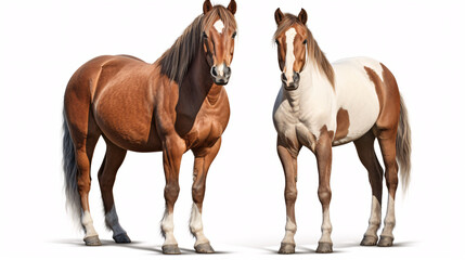 Obraz premium Two horses isolated on a white background, front and rear view.