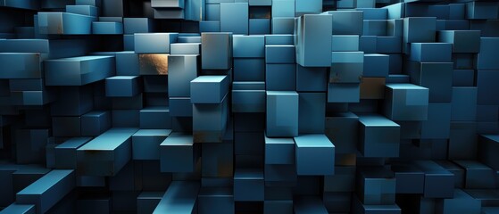 Captivating abstract texture featuring a dark geometric 3D pattern of blue squares and rectangles, adding depth and visual interest to any design, Ai Generated.
