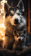 Adorable husky dog and puppy inside home behind fireplace