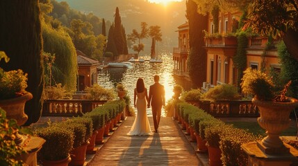 Young couple date, in luxury old style italian vila - obrazy, fototapety, plakaty