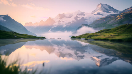 Landscape photography of a serene alpine lake at sunrise, with reflections of surrounding snow-capped mountains and lush greenery - obrazy, fototapety, plakaty
