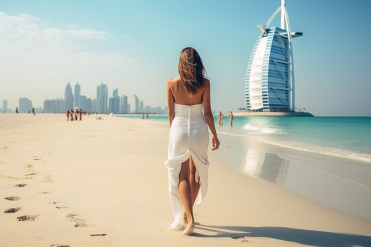 A beautiful young woman is walking on the beach in Dubai, Beautiful woman  is walking on the beach, Ai generated