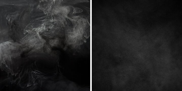 A set of 5 different steam, smoke, gas isolated on a black background. Swirling, writhing smoke to overlay on your photos. Heart-shaped smoke. Smoky banner