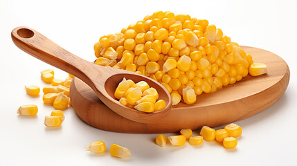 A cutting board full of corn kernels and a spoon