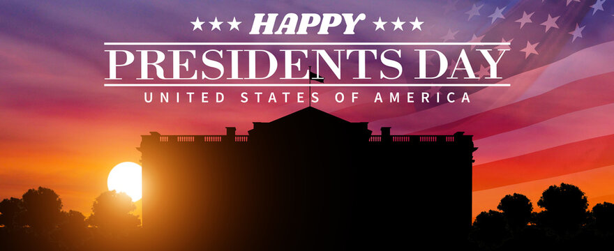 Presidents Day. White House Silhouette On Sunset Background. USA Flag. 3d Illustration