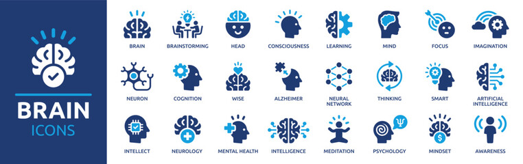 Brain icon set. Containing mind, brainstorming, head, neuron, cognition, thinking, intelligence and more. Solid vector icons collection.