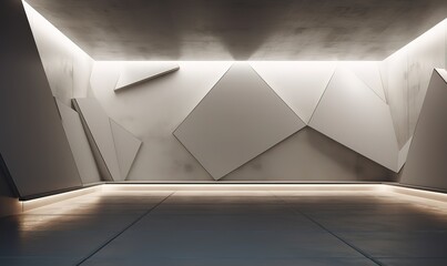 An empty room with wall decorations with geometric shapes that have texture and shine. generative AI