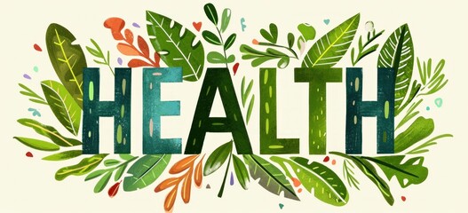 Vibrant hand-drawn health typography surrounded by nature elements. Wellness and nature connection.