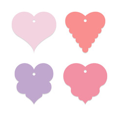 Set of blank heart shape gift tags. Paper labels, hanging tags, ornaments in vintage scallop heart shapes. Tag mockup template. Vector illustration.