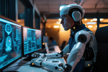 A young male AI machine learning engineer in his office, programming artificial neural networks as part of a medical robotics AI development project. 