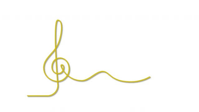 Treble clef self drawing animation. Yellow golden line animated on white background.