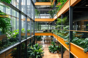 Modern environmentally friendly building. Sustainable glass office with wood and many plants to reduce carbon - obrazy, fototapety, plakaty