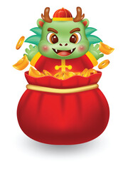 Happy Chinese New Year 2024, Cute dragon in a money bag