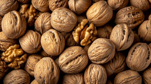 Background with walnuts nuts. Top view of nuts