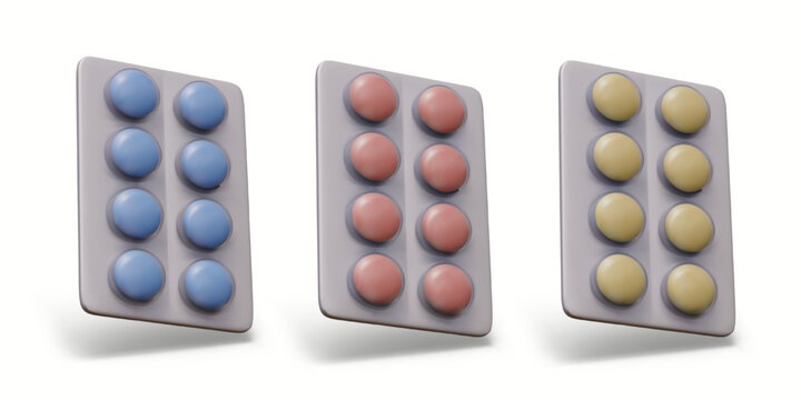 Set of blisters with pills of different colors. Vitamins, antibiotics, pain reliever. Medicines for different purposes. Isolated vector mockups with shadows