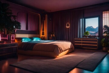 luxury hotel room with colorful background
