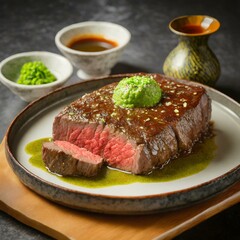 和風テイストのワサビソースでアクセントをつけた、肉厚でジューシーな和牛サーロインステーキ