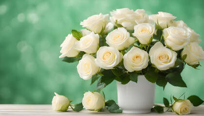 beautiful bouquet of bright white rose ceramic vase on table with green background
