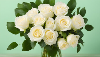 beautiful bouquet of bright white rose vase on table with green background